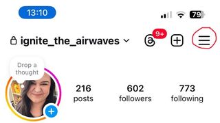 The top of an Instagram profile, with a three-line icon circled in red