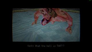 A disconcerting creature is obscured by the low-polygon graphics in Back in 1995. Kent is saying "what the hell is THAT!?"