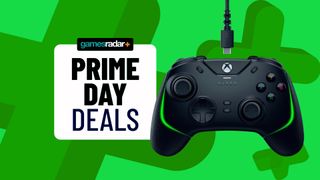 A black Razer Wolverine V2 Chroma image on top of a vibrant green gamesradar Prime Day backdrop