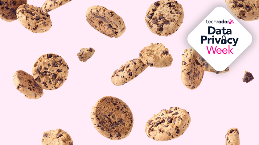 Dozens of chocolate cookie biscuits floating on a light pink background