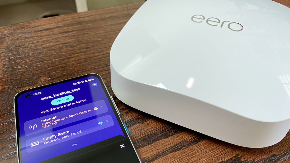 eero Pro 6E and the eero app showing an eero Internet Backup connection