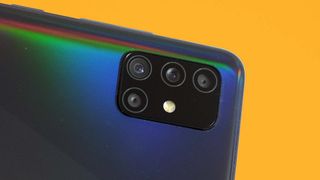 A close-up of the camera block on a Samsung Galaxy A51