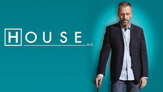 House key art. Dr Gregory House standing with a walking stick next to the title saying 'House M.D.'.