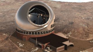 An artist's illustration of the Thirty Meter Telescope atop the volcanic peak of Maunakea in Hawaii.