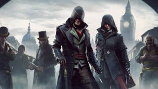 Assassin's Creed Syndicate art of Jacob, Evie, and various gang members standing against the backdrop of Victorian London