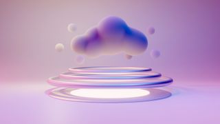 A cartoonish cloud in pink/purple hues above a floating platform