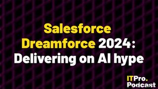 The words ‘Salesforce Dreamforce 2024: Delivering on AI hype’ overlaid on a lightly blurred image of a pink grid shot at an angle. Decorative: the words ‘Salesforce Dreamforce’ are in yellow, while other words are in white. The ITPro podcast logo is in the bottom right corner.