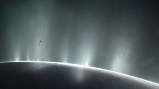 An illustration of NASA's Cassini orbiter soaring through a giant vapor jet over the moon Enceladus