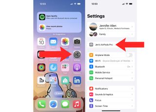 Settings on iOS with an arrow pointing at the AirPods Pro.