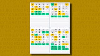 Quordle Daily Sequence answers for game 1078 on a yellow background