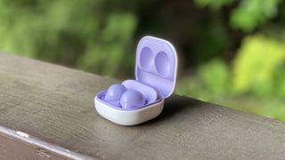 the samsung galaxy buds in their charging case