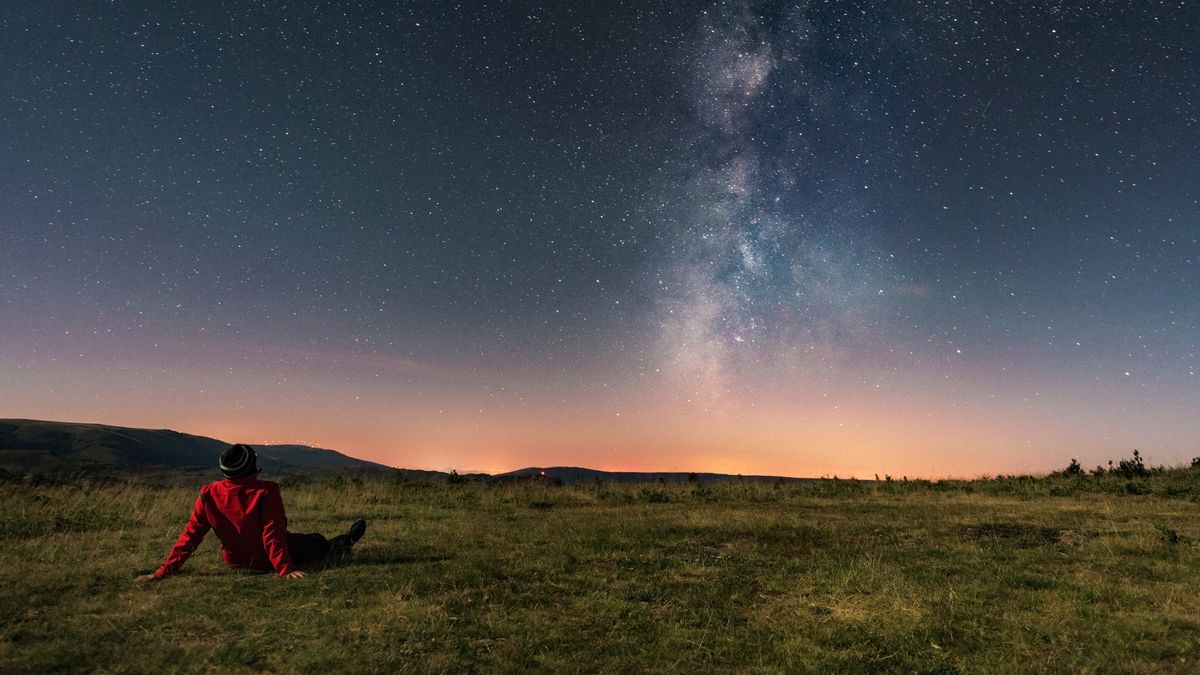 a person sits on the grass looking up at a starry night sky