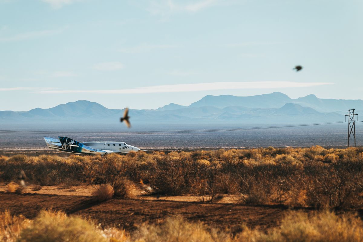 Virgin Galactic&#039;s SpaceShipTwo Unity is seen after landing at Spaceport America, New Mexico following a launch abort during a flight test on Dec . 12, 2020.