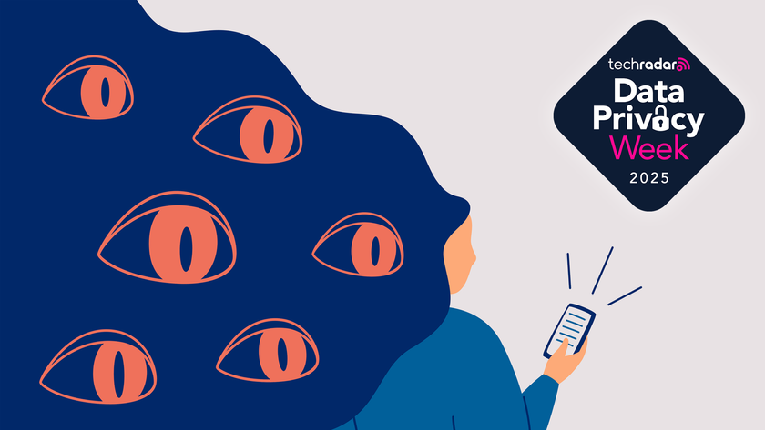 Abstract illustration of a young woman looking at a smartphone, as large eyes peek through from her hair