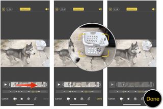 Adjust Cinematic Mode video post-shoot on iPhone 13 by showing: Find the point you want to adjust in the clip reel, tap another area to change focus to it, then tap on the yellow dotted line to bring up a trash can to remove if you change your mind. Tap Done