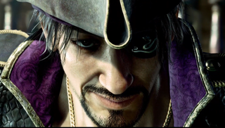 Goro Majima grins upwards with an eyepatch and pirate seed in a screenshot from Like A Dragon: Pirate Yakuza in Hawaii