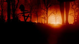 Sun setting behind bare trees and a spooky looking sign post 