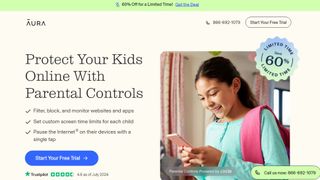 The Aura Parental Control web page, displaying key features and a limited time 60% off offer.