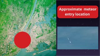 graphic with a map on the left with a red circle highlighting where the meteor entered over NYC and an inset on the right of the fireball. 