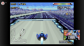 A player races a blue machine in F-Zero Climax.