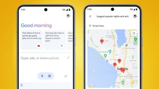 Two phones on an orange background showing the Google Gemini app