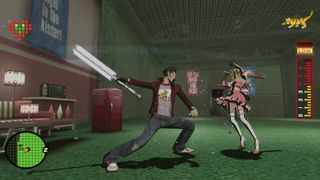 Travis Touchdown fights Bad Girl, who wields a baseball bat, in No More Heroes in the PC version