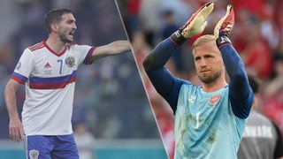 Russia vs Denmark live stream at Euro 2020 — Magomed Ozdoev of Russia and Kasper Schmeichel of Denmark