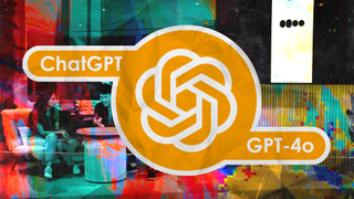 Scrapbook punk pop-art style image showing an OpenAI ChatGPT graphic as a sticker on top of a colorful edit of an image of the GPT-4o reveal.