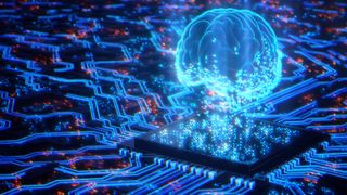 Open source large language model concept art showing digital brain on a circuit board.