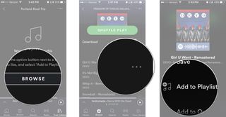 Tap Browse, find a song, tap more next to song, tap add to playlist