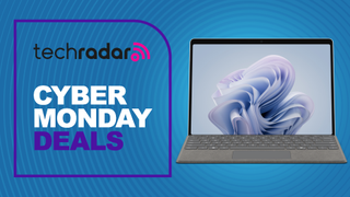 Surface Pro tablet on blue background with 'Cyber Monday Deals' text