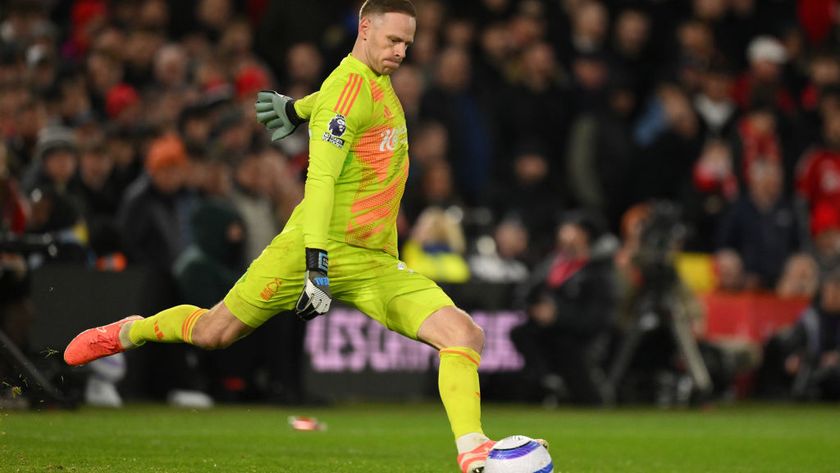 Matz Sels, the Nottingham Forest goalkeeper, takes a kick