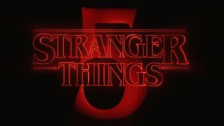 A screenshot of the Stranger Things season 5 title card, which shows red writing on a black background