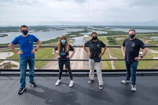 Inspiration4 mission crew members (from left) Jared Isaacman, Hayley Arceneaux, Sian Proctor and Chris Sembroski pose at Kennedy Space Center in Florida on Monday, March 29, 2021.