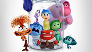 Animated characters from the movie Inside Out 2 stand around a giant glass jar