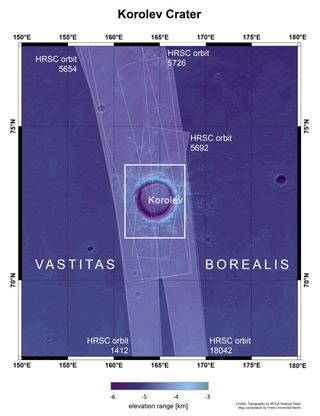 This image shows the landscape in and around Korolev crater, a feature 82 kilometers across (51 miles) found on Mars' northern lowlands. The bold white box indicates the region that the Mars Express High Resolution Stereo Camera imaged over orbits 18042, 5726, 5692, 5654, and 1412. The elevation of the terrain is denoted by the blue colors indicated by the bar at the bottom.