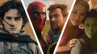 A collage image of Dune Part Two's Paul Atreides, the titular duo in Deadpool and Wolverine, and Glinda and Elphaba in Wicked