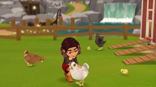 Wydle Flowers screenshot of protagonist Tara petting a chicken on her farm