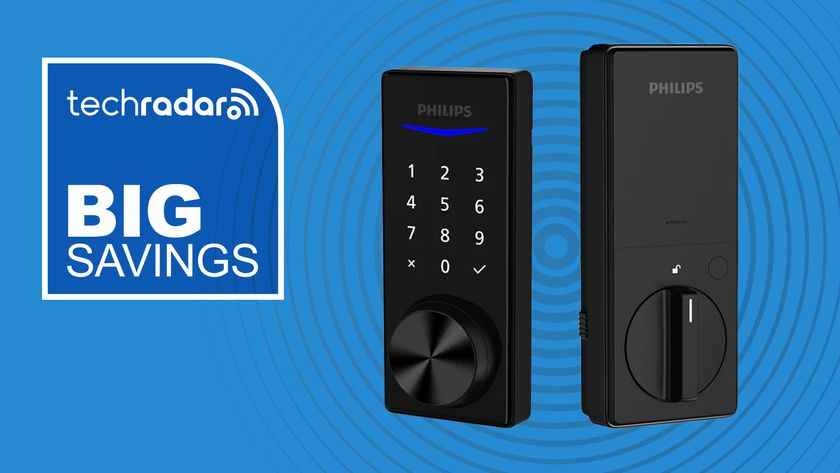 Philips smart lock on blue background with white text reading &#039;TechRadar Big Savings&#039;