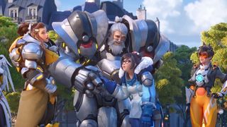 Reinhardt hugs Mei and Tracer