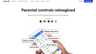 The Bark web page, showing a phone with a number of key parental control app features and the types of supported devices and operating systems.