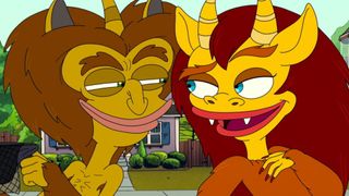 The hormone monsters smiling together during the Netflix show Big Mouth.