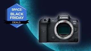 Canon EOS R5 camera in black with a white outer glow on a blue planet background with the space.com logo in the top left corner