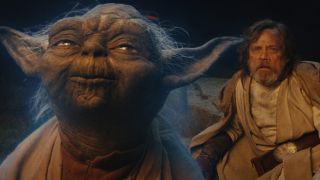 Yoda and Luke Skywalker in the movie, Star Wars: The Last Jedi.