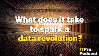 The words ‘What does it take to spark a data revolution?’ with ‘data revolution?’ highlighted in yellow and the others in white, against artwork of bright light shining up through a dark rectangular structure.