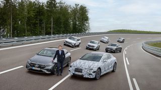 The Mercedes-Benz electrified range parked on a race track