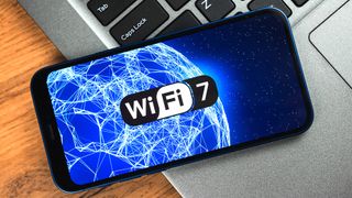 A smartphone showing the logo for Wi-Fi 7