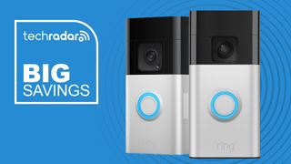 Two Ring video doorbells on blue background with white text reading 'TechRadar Big Savings'