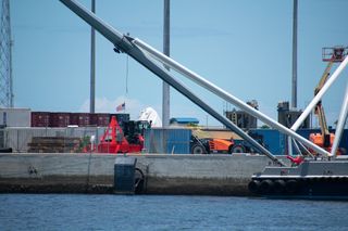 A SpaceX Dragon test capsule rests on the dock behind Ms. Tree.