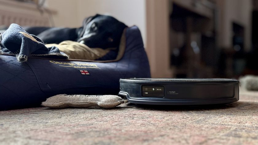 Roborock Saros 10R robot vacuum and mop with dog asleep in background